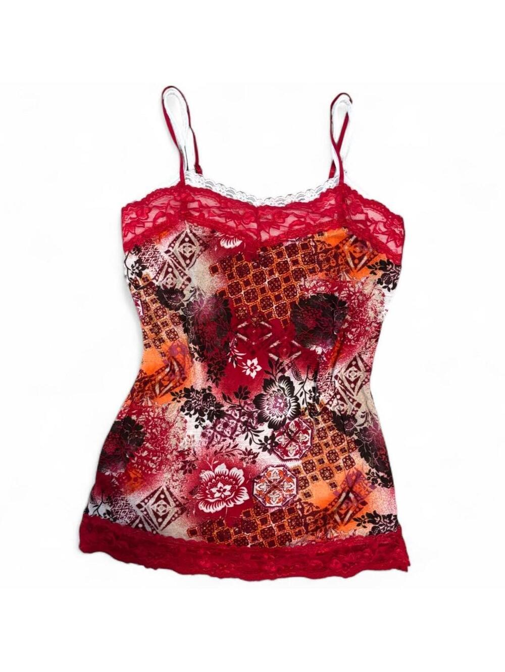 Boho Red Patterned Cami Top Lace Trim Spaghetti Strap Y2K Indie Grunge Size M